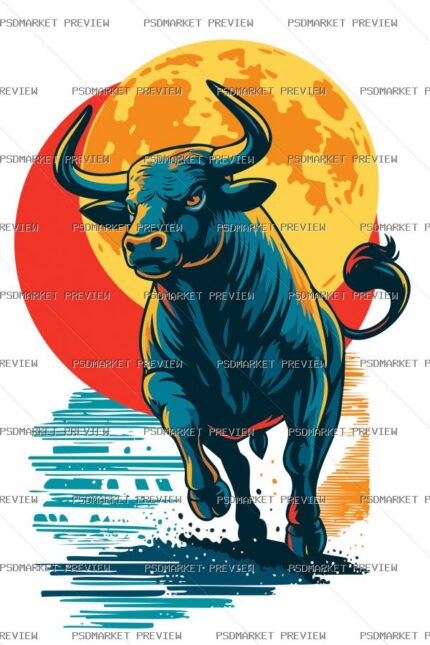 Bull Sunset Illustration Vector Print — PSD template preview