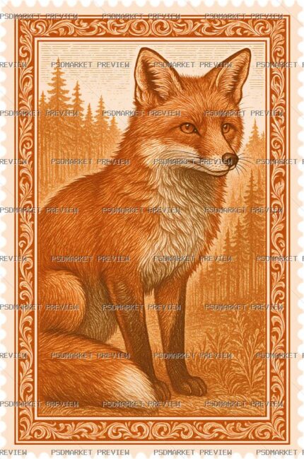 Vintage Fox in Forest Print Design – PNG — PSD template preview