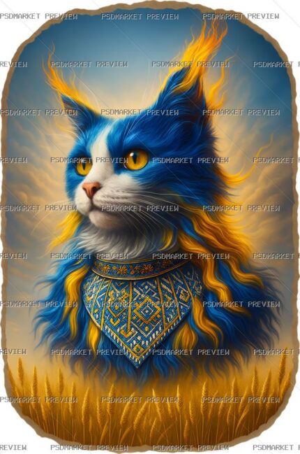 Blue Yellow Fantasy Cat Print — PSD template preview