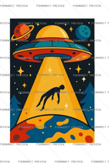 UFO Abduction Retro Print – AI File — PSD template preview