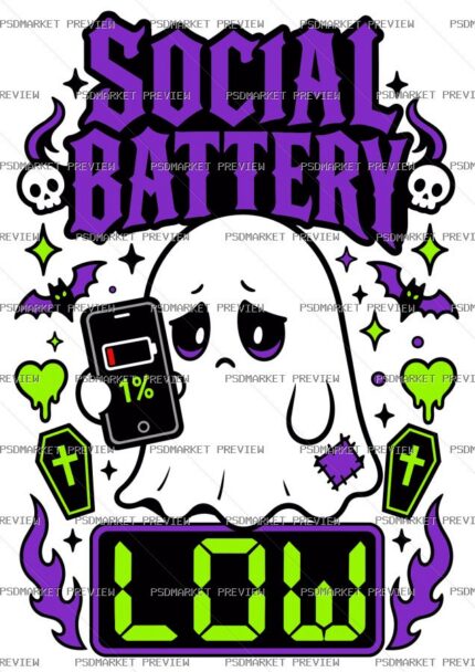 Social Battery Low Ghost Print – AI File — PSD template preview