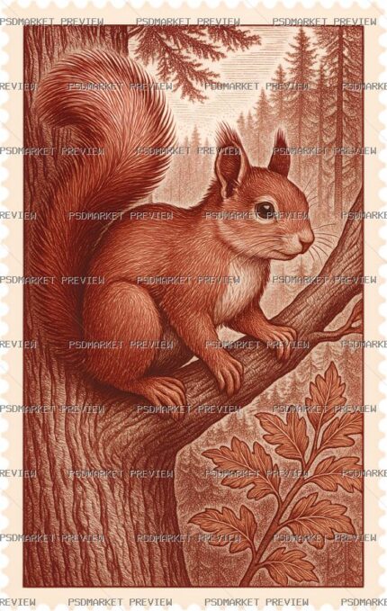 Forest Squirrel Stamp Print — PSD template preview
