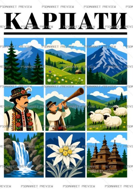 Carpathians Travel Collage Vector Print — PSD template preview