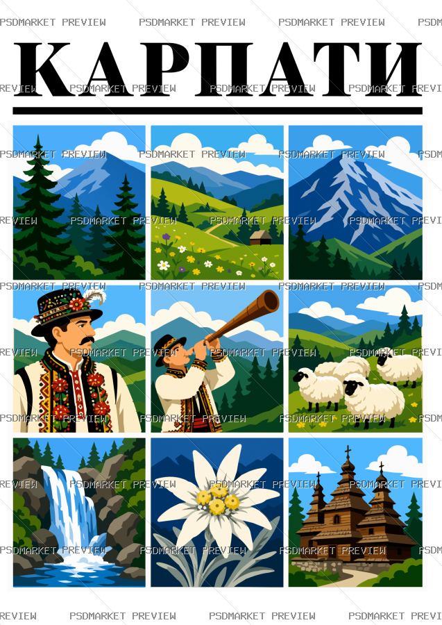 Carpathians Travel Collage Vector Print — print design preview