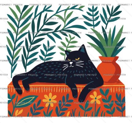 Black Cat Among Plants Vector Print — PSD template preview