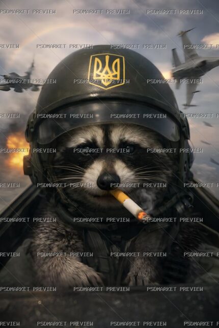 Ukrainian Raccoon Soldier Illustration Print – PNG — PSD template preview