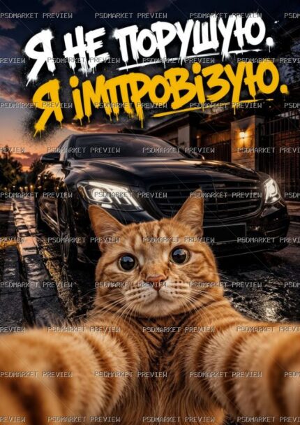 Ukrainian “Я НЕ ПОРУШУЮ. Я ІМПРОВІЗУЮ.” Cat Print – JPG — PSD template preview