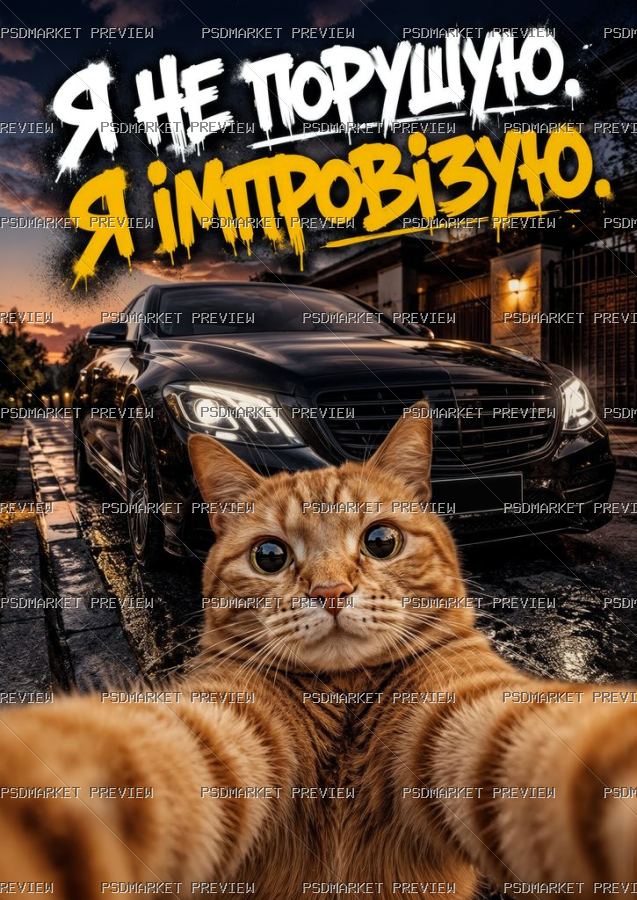 Ukrainian “Я НЕ ПОРУШУЮ. Я ІМПРОВІЗУЮ.” Cat Print – JPG — PSD template preview