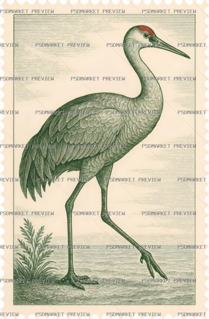 Vintage Crane Illustration Print — print design preview