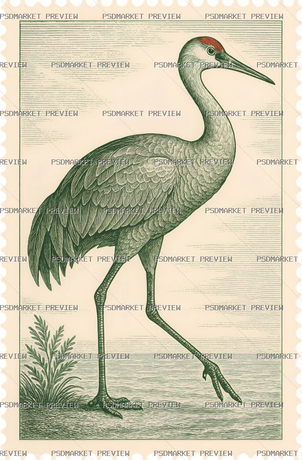 Vintage Crane Illustration Print — print design preview