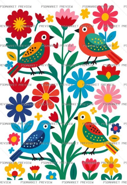 Ukrainian Folk Birds & Flowers Print – AI File — PSD template preview