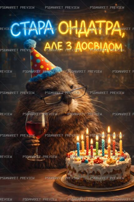 Ukrainian Old Muskrat Birthday Cat Print – PNG — PSD template preview
