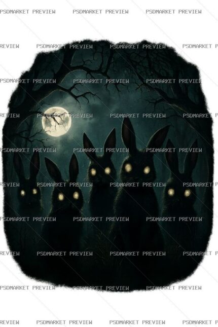 Creepy Black Rabbits Forest Print Design – PNG — PSD template preview