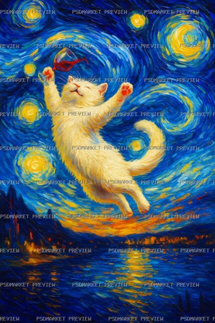Cat Starry Night Print — print design preview