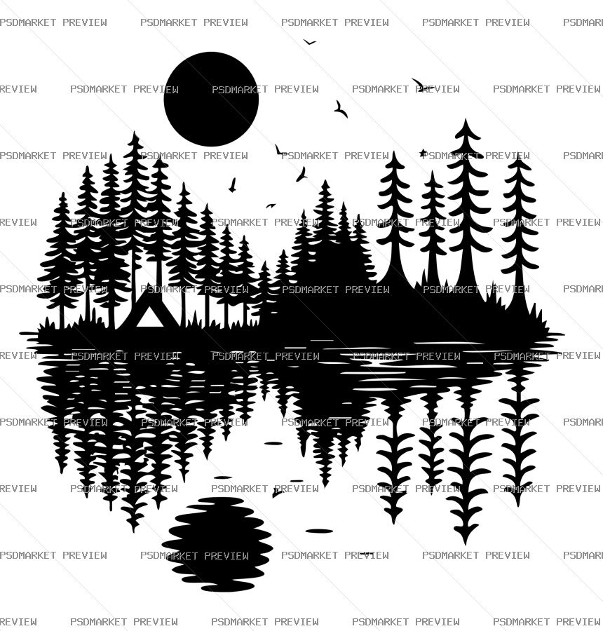 Forest Lake Reflection Vector Print — PSD template preview