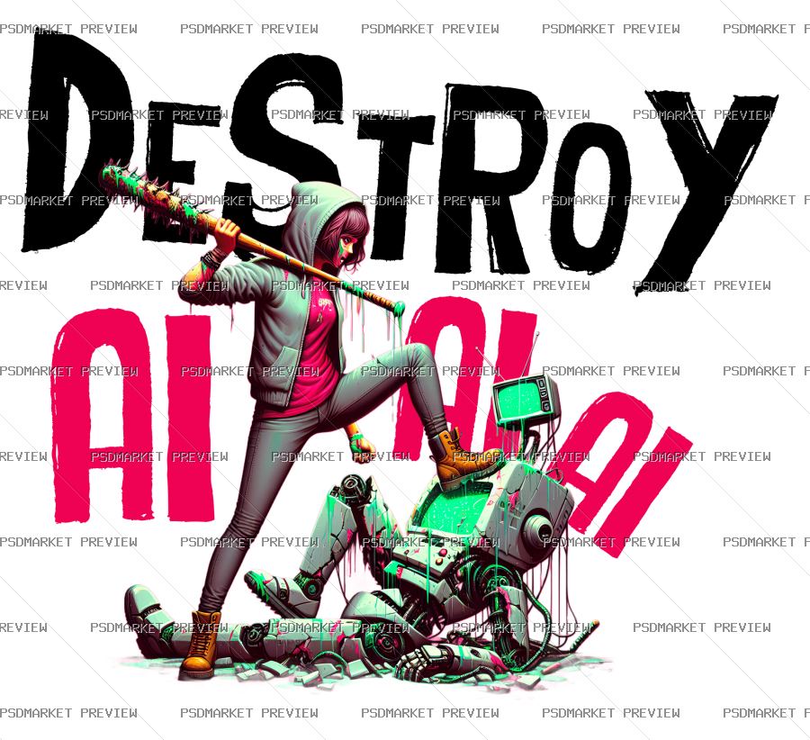Destroy All Robots Vector Print — PSD template preview