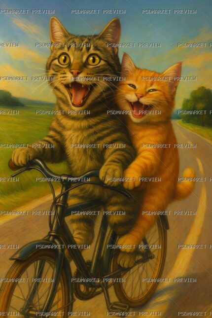 Cats Riding a Bicycle Print — PSD template preview