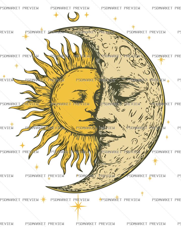Sun and Moon Faces Vector Print — print design preview