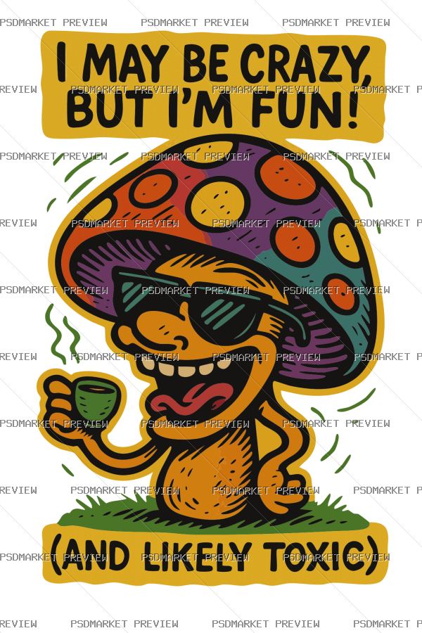 Crazy Mushroom Vector Print — PSD template preview