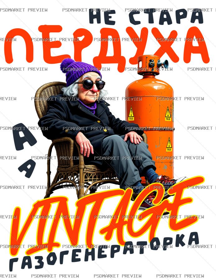 Ukrainian Vintage Gas Generator Grandma Vector Print — PSD template preview