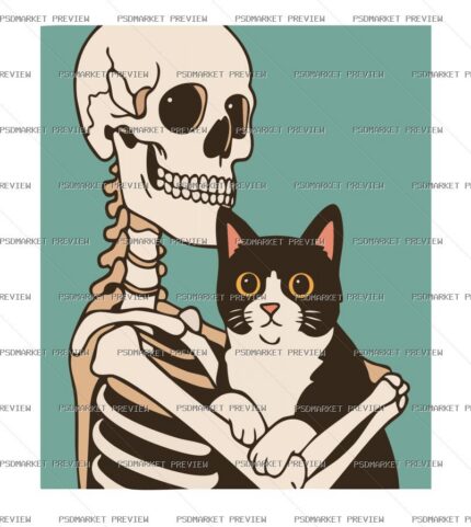 Skeleton Hugging Cat Vector Print — PSD template preview