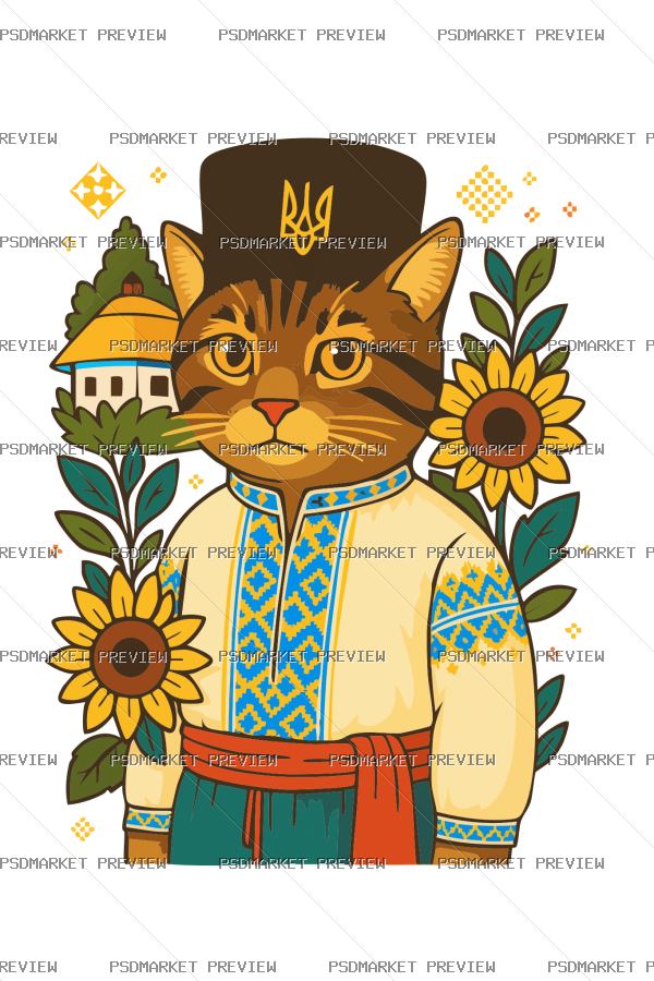 Ukrainian Cat in Vyshyvanka Print Design – AI File — PSD template preview