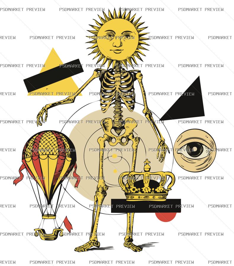 Surreal Skeleton Sun Illustration Vector Print — PSD template preview