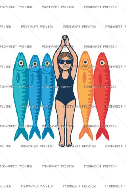 Swimmer with Fish Illustration Print – AI File — PSD template preview