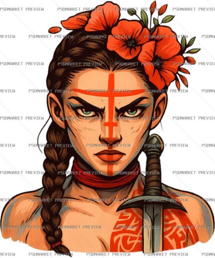 Warrior Woman Floral Portrait Print — print design preview