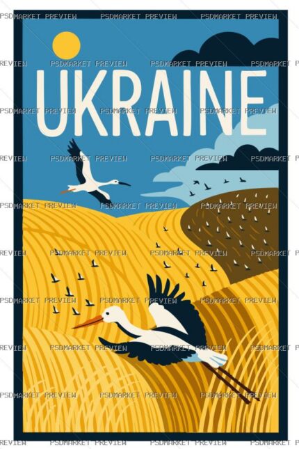 Storks Over Golden Fields Vector Print — PSD template preview