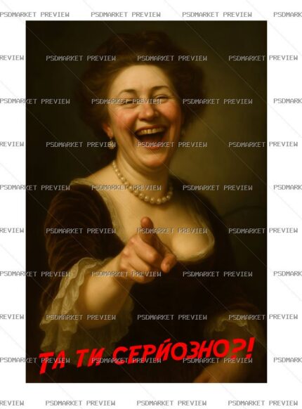 Ukrainian “ТА ТИ СЕРЙОЗНО?!” Laughing Woman Vector Print — PSD template preview