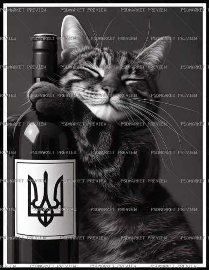 Ukrainian Cat with Wine Bottle Print – JPG — PSD template preview