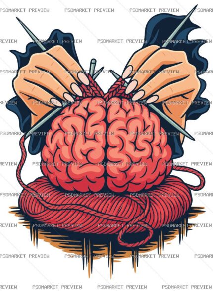 Knitting Brain Illustration Vector Print — PSD template preview