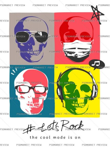 Let’s Rock Pop Art Skulls Vector Print protected preview