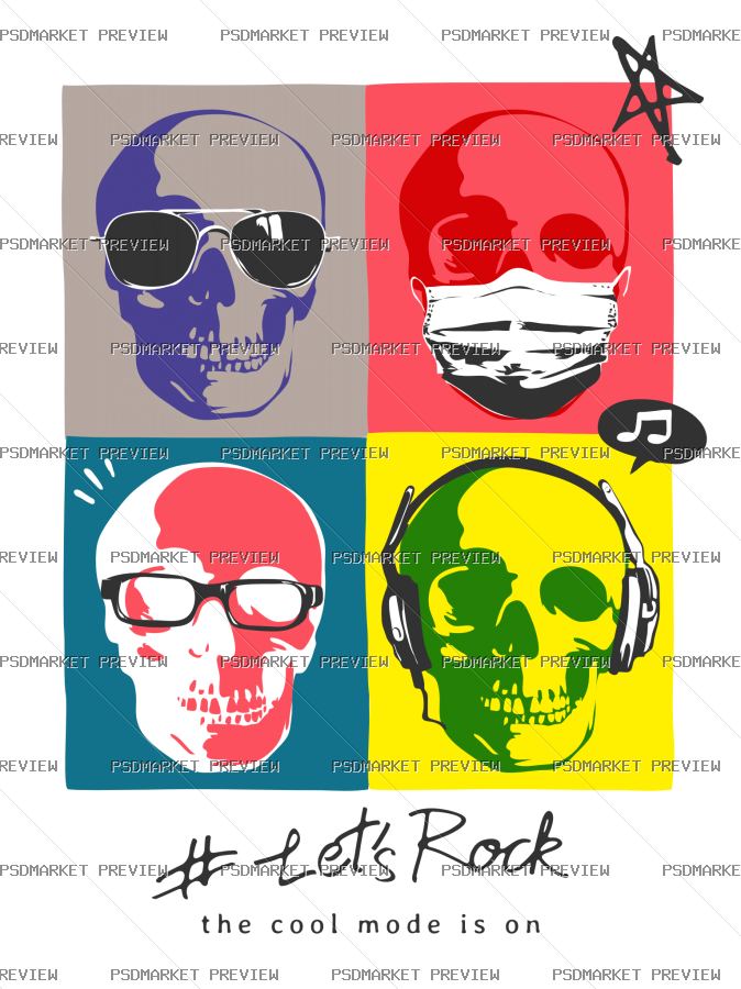 Let’s Rock Pop Art Skulls Vector Print — PSD template preview