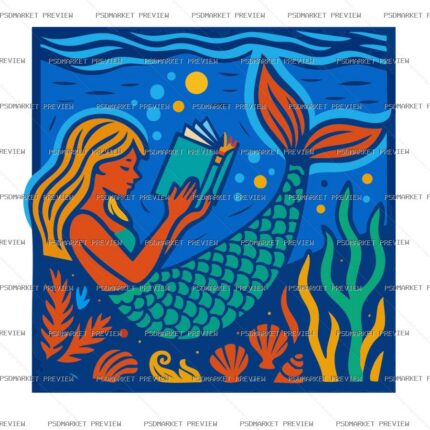 Mermaid Reading Vector Print — print design preview