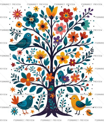 Colorful Folk Tree Vector Print — PSD template preview