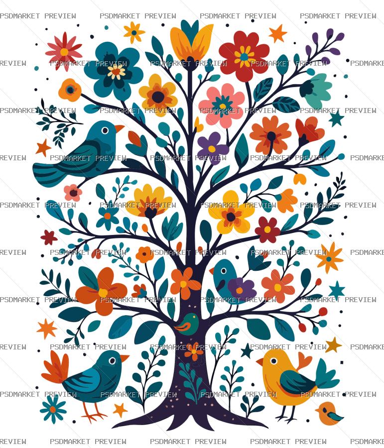 Colorful Folk Tree Vector Print — PSD template preview