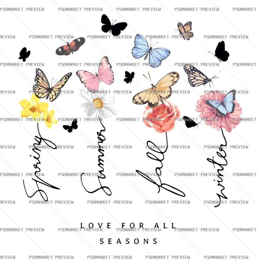 Four Seasons Butterflies Vector Print — PSD template preview