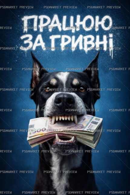 Ukrainian “ПРАЦЮЮ ЗА ГРИВНІ” Dog Money Print – JPG — PSD template preview