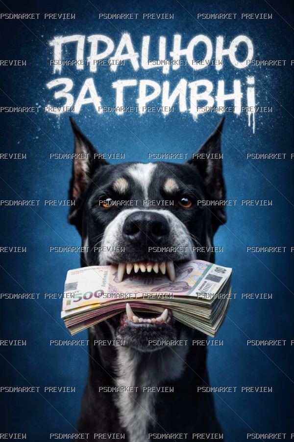 Ukrainian “ПРАЦЮЮ ЗА ГРИВНІ” Dog Money Print – JPG — PSD template preview