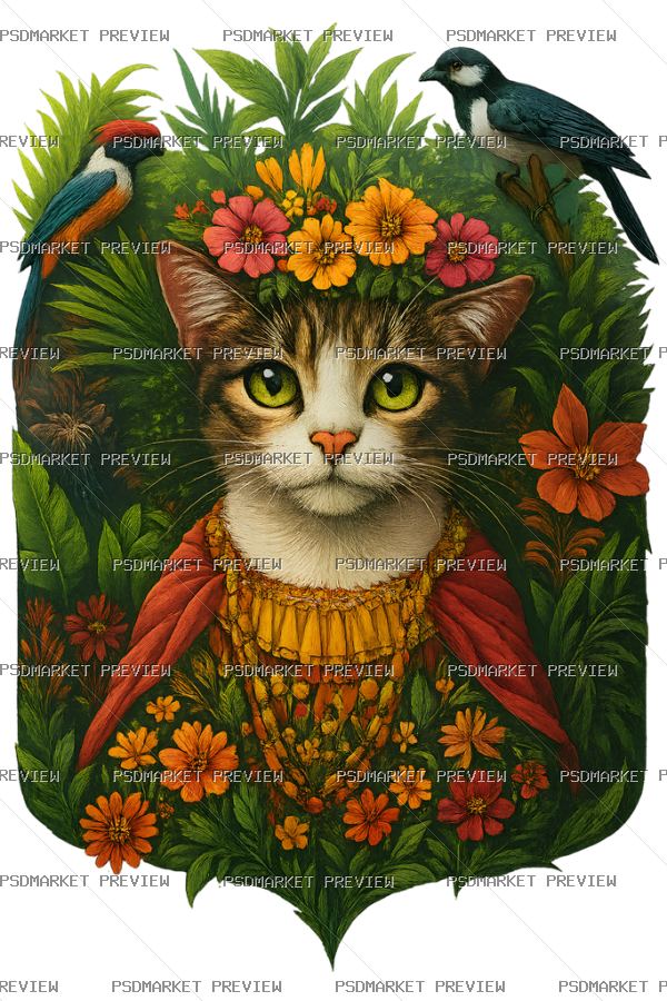 Ukrainian Folk Cat Floral Print – PNG — PSD template preview