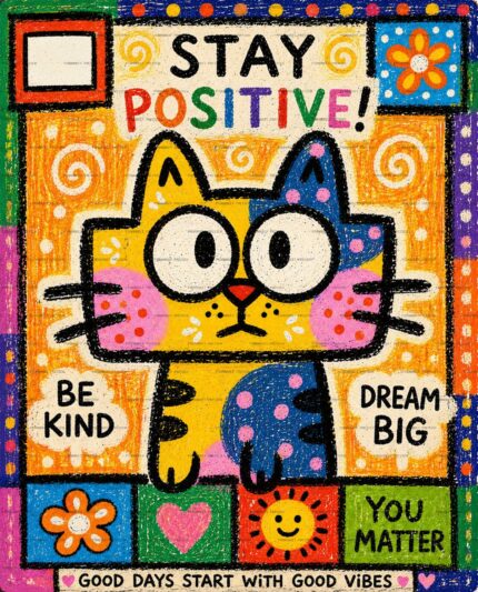 Stay Positive Cat Folk Art Poster PSD Print protected preview