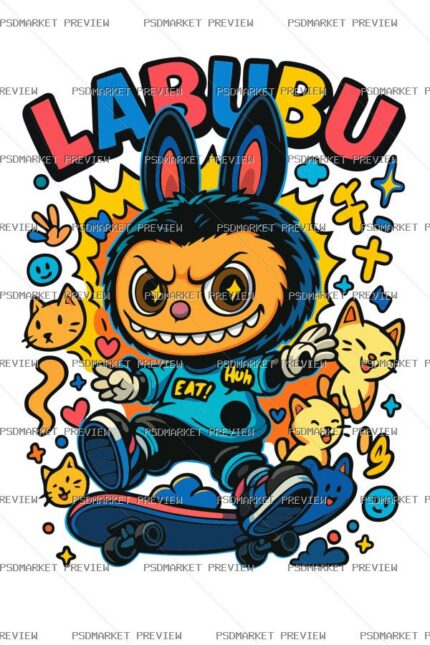 Labubu Colorful Cartoon Vector Print — PSD template preview