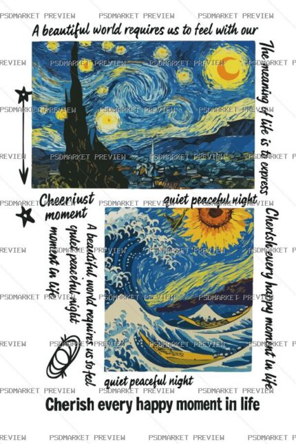 Van Gogh & Hokusai Art Collage Print Design – AI File — PSD template preview