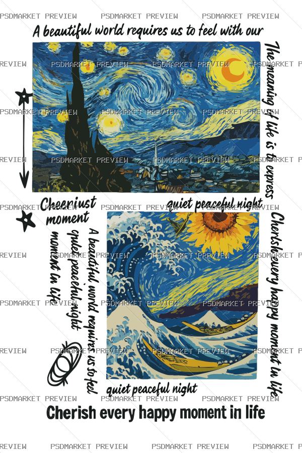 Van Gogh & Hokusai Art Collage Print Design – AI File — PSD template preview