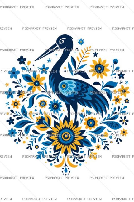 Stork and Flowers Vector Print protected preview