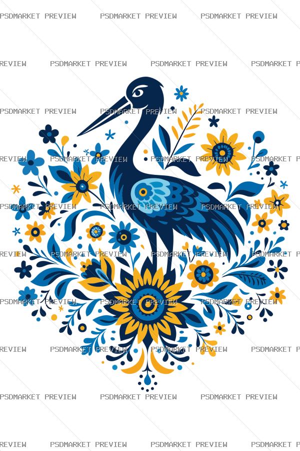 Stork and Flowers Vector Print — PSD template preview