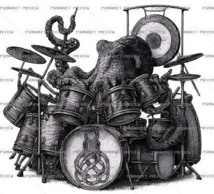 Octopus Drummer Print — PSD template preview