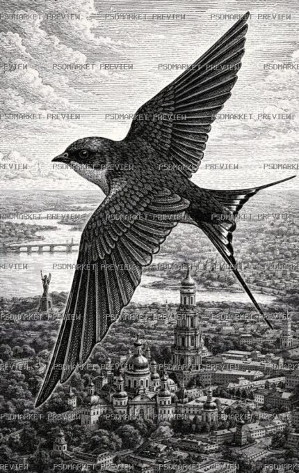 Bird Over City Engraving Print — print design preview